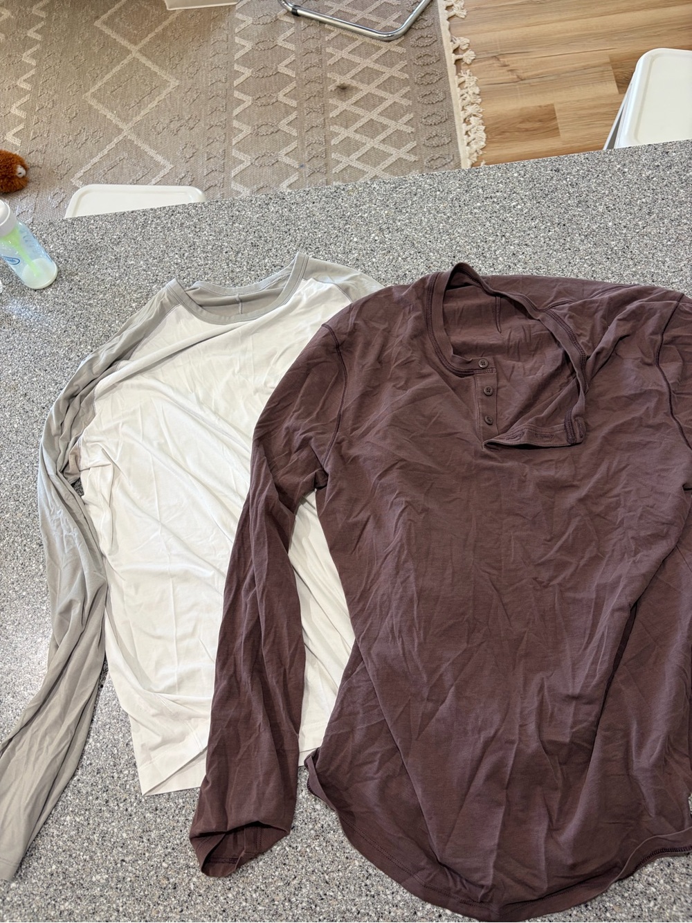 Lululemon Fundamental Long Sleeve Henley Tops in Brown and Light Gray